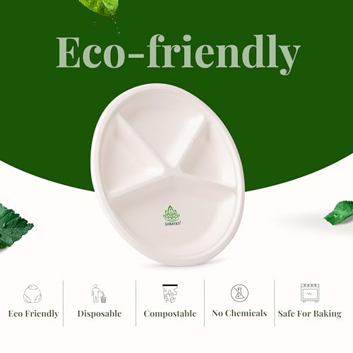 Shrayati Sugarcane Bagasse Plates - 12 Inch, 25 Pcs, 4 Compartment, Round Disposable Plates for Parties, Use and Throw Plates, Eco-Friendly - Image 2