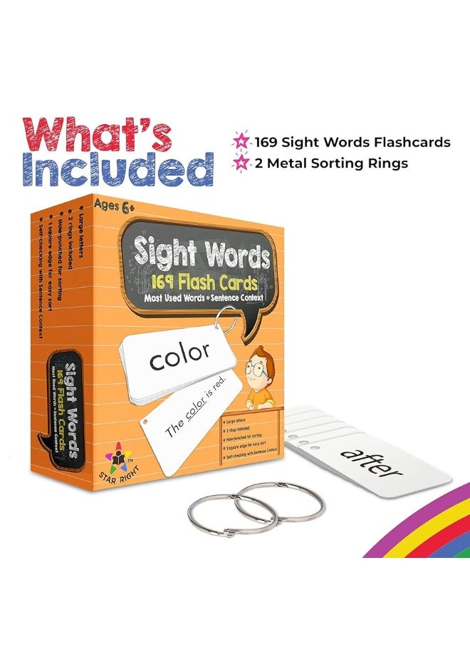 Star Right - Star Right Education Sight Word Flash Cards, 169 Sight Words and Sentences with 2 Rings - Image 1