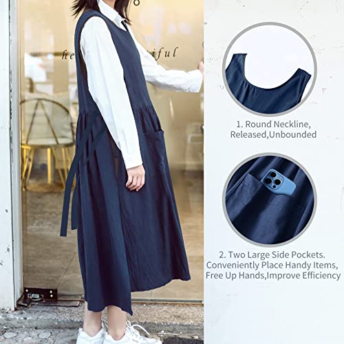 KKTOCHVC Premium Plus Size Apron with Pockets Adjustable Waistline Bib Apron,Soft Cotton Blend Apron Pinafore Dress for Baking Cooking Gardening(XL,Navy Blue) - Image 3
