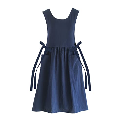 KKTOCHVC Premium Plus Size Apron with Pockets Adjustable Waistline Bib Apron,Soft Cotton Blend Apron Pinafore Dress for Baking Cooking Gardening(XL,Navy Blue) - Image 1