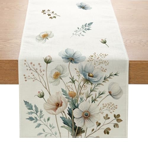 ZCHOMI Spring Blue White Floral Table Runner 13x72 Inch Anemone Flowers Leaves Kitchen Dining Table Decoration for Indoor Outdoor Home Party Décor - Image 1