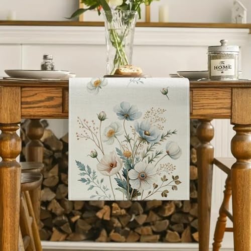 ZCHOMI Spring Blue White Floral Table Runner 13x72 Inch Anemone Flowers Leaves Kitchen Dining Table Decoration for Indoor Outdoor Home Party Décor - Image 2