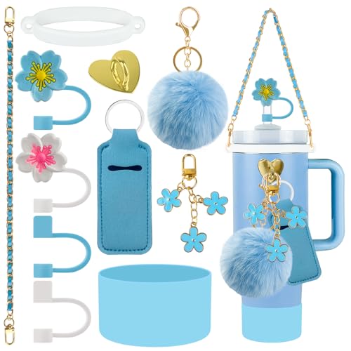 Velaco 11 PCS Accessories for Stanley Cup, Water Bottle Handle Strap for Stanley 30/40 oz tumbler with handle, including Straw Toppers, Silicone Cup Boot, Keychain Charms - Blue - Image 1