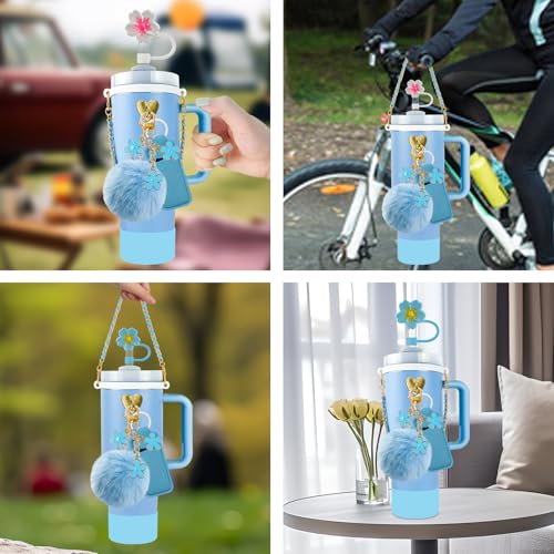 Velaco 11 PCS Accessories for Stanley Cup, Water Bottle Handle Strap for Stanley 30/40 oz tumbler with handle, including Straw Toppers, Silicone Cup Boot, Keychain Charms - Blue - Image 4