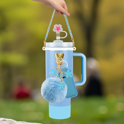 Velaco 11 PCS Accessories for Stanley Cup, Water Bottle Handle Strap for Stanley 30/40 oz tumbler with handle, including Straw Toppers, Silicone Cup Boot, Keychain Charms - Blue - Image 2