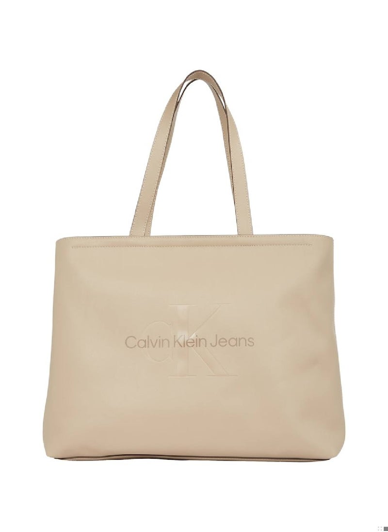 Calvin Klein Jeans Women's Sculpted Slim Tote Bag - Faux Leather, Beige  - Image 1