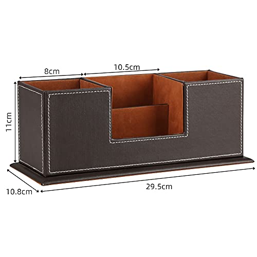 KINGFOM™ Double Holder Wood Leather Multi-Function Desk Stationery Organizer Dark Brown - Image 3