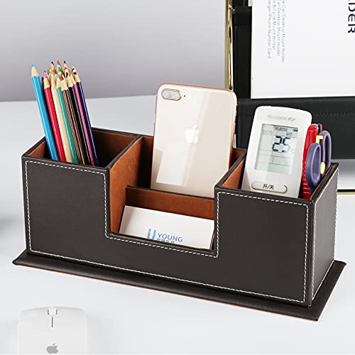 KINGFOM™ Double Holder Wood Leather Multi-Function Desk Stationery Organizer Dark Brown - Image 5