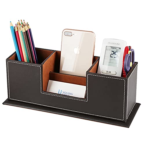 KINGFOM™ Double Holder Wood Leather Multi-Function Desk Stationery Organizer Dark Brown - Image 2