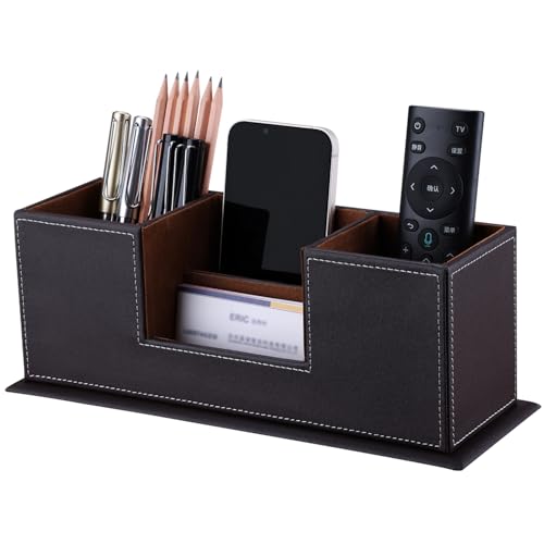 KINGFOM™ Double Holder Wood Leather Multi-Function Desk Stationery Organizer Dark Brown - Image 1