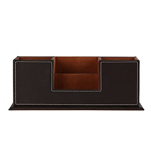 KINGFOM™ Double Holder Wood Leather Multi-Function Desk Stationery Organizer Dark Brown - Image 4