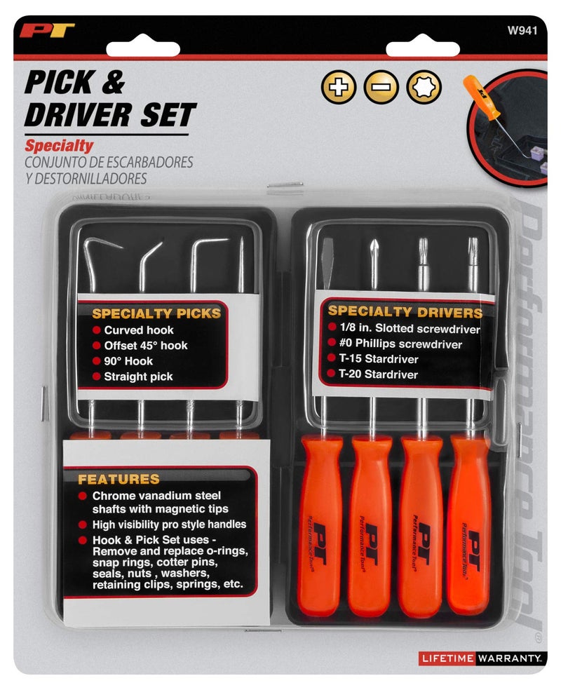 Performance Tool W941 8-Piece Specialty Pick/Driver Set, Precision Pick & Hook Set with Scraper - Image 2