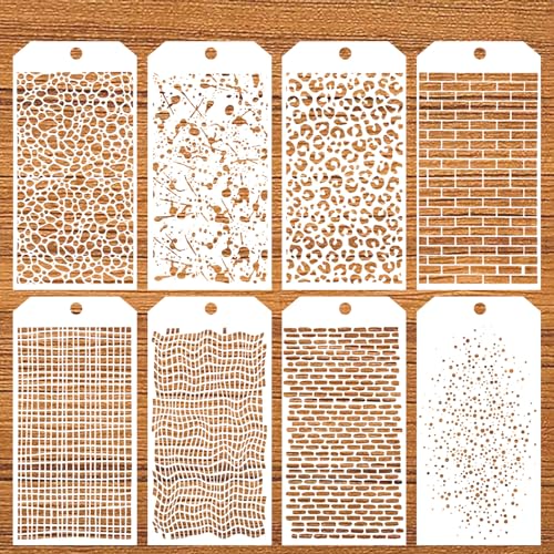 WJIAAA 8 Pieces Stencils for Crafts Leopard Brick Dot Layering Stencils with Keyring Mixed Media Plaid Texture Crackle Marble for Painting on Card Making Canvas DIY Crafts Furniture Paper Airbrush - Image 1