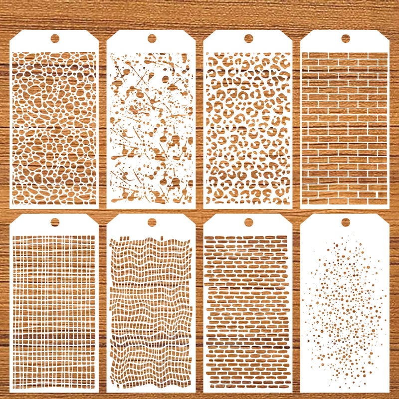WJIAAA 8 Pieces Stencils for Crafts Leopard Brick Dot Layering Stencils with Keyring Mixed Media Plaid Texture Crackle Marble for Painting on Card Making Canvas DIY Crafts Furniture Paper Airbrush - Image 3
