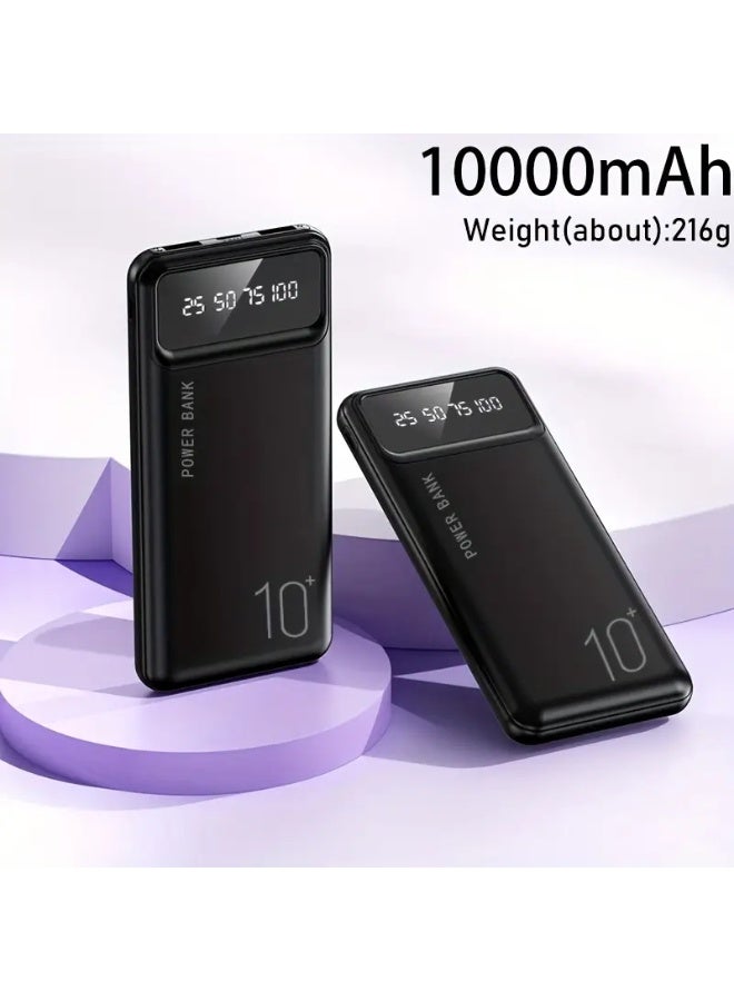 10000mAh Portable Power Bank – Black with LED Display – Slim Fast Charging External Battery Pack – Built-in Type-C Input & Dual USB Output – Universal Backup Charger for iPhone, Android, Samsung, iPad