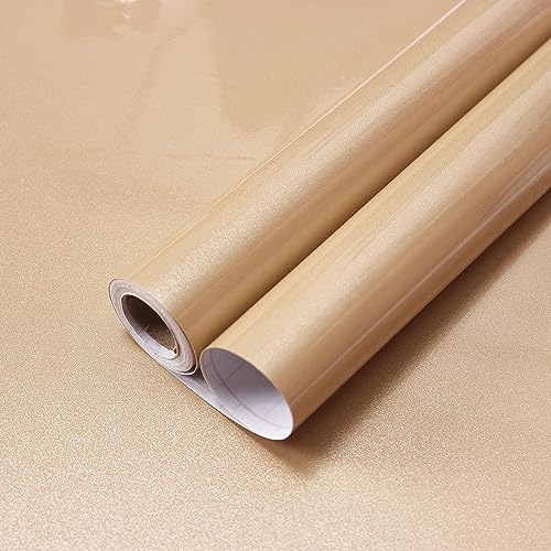 ELTON High Gloss Glitter Self Adhesive Solid Wallpaper for Wall Countertop Almirah Kitchen Tabletop Cabinet Shelf Drawer Contact Paper Removable Vinyl Film (Light Gold, 16 X 48 Inch) - Image 1