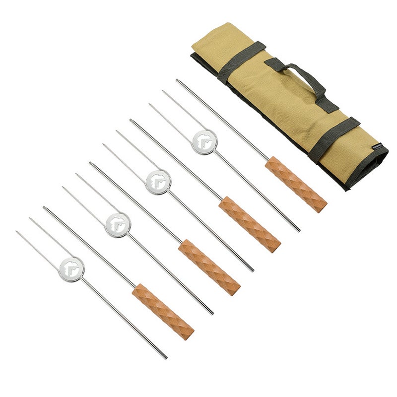 Roasting Forks With Storage Bag Outdoor Camping Picnic BBQ Skewers Beech Handle Scaldproof Heat Insulation Barbecue Food Forks Set - Image 1