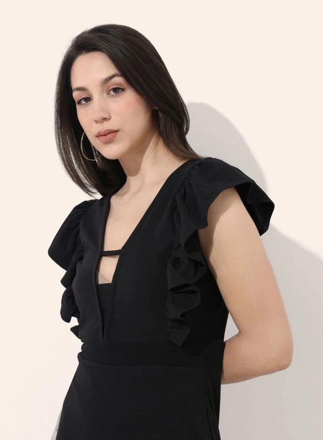 Freehand  Women Regular Fit Solid V-Neck Sleeveless Ruffle Dress for Women | Best Price UAE