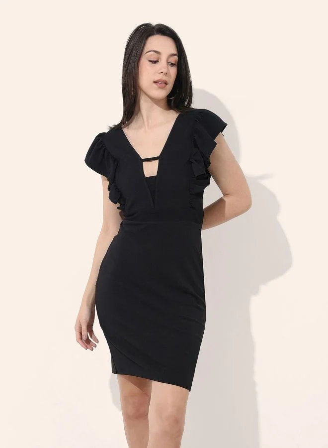 Freehand  Women Regular Fit Solid V-Neck Sleeveless Ruffle Dress for Women | Best Price UAE