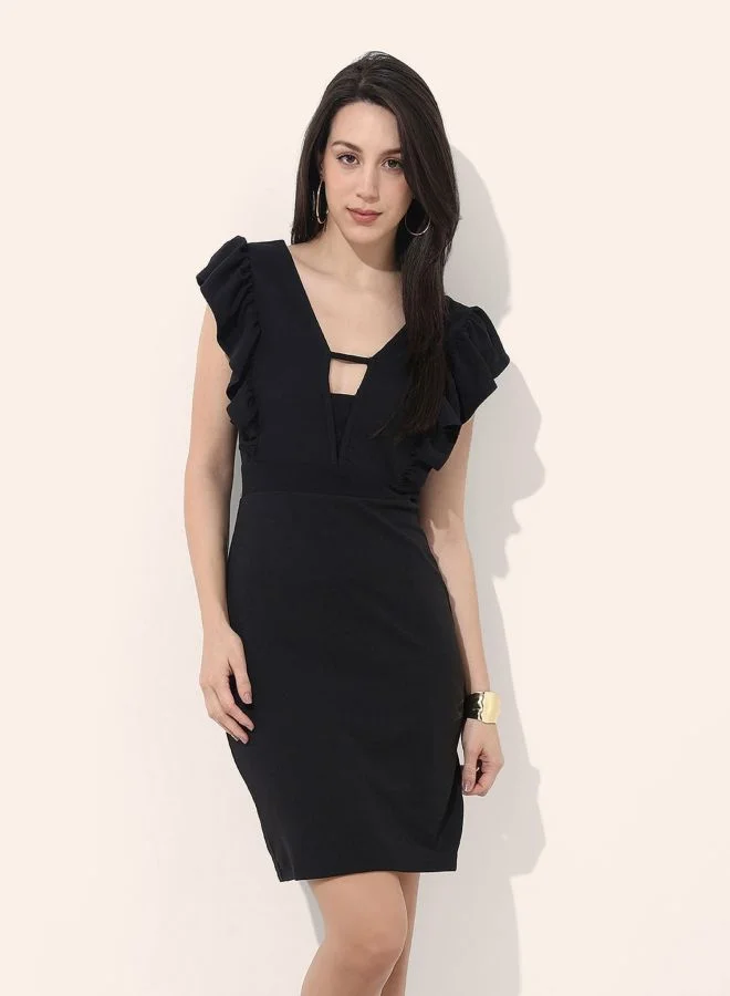 Women Regular Fit Solid V-Neck Sleeveless Ruffle Dress