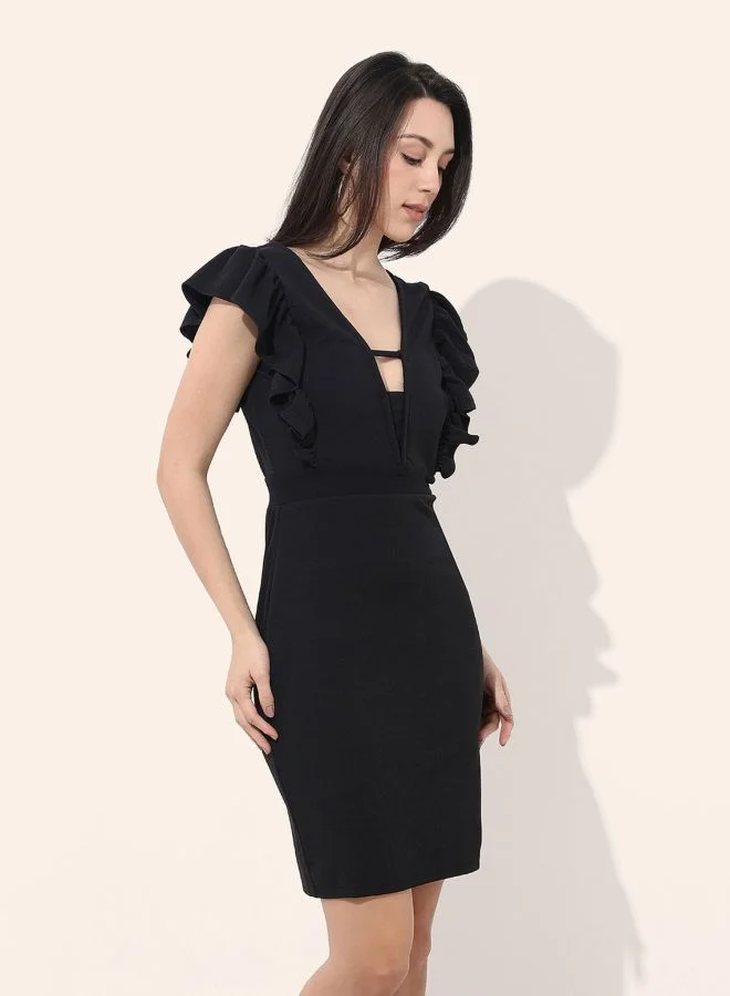 Freehand  Women Regular Fit Solid V-Neck Sleeveless Ruffle Dress for Women | Best Price UAE