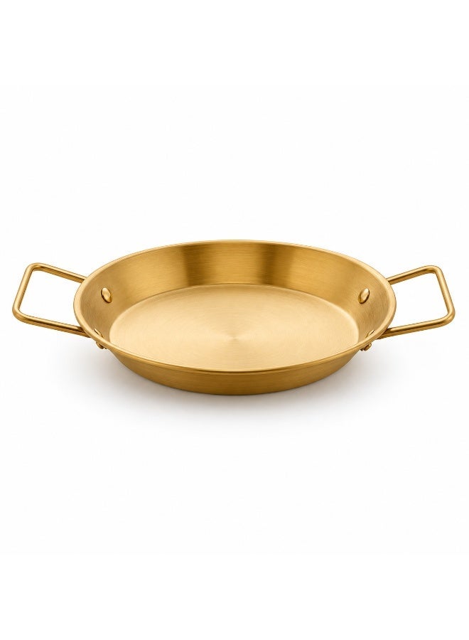 A 22cm stainless steel frying pan, gold color, with comfortable handles. Package contains one pan. - Image 1