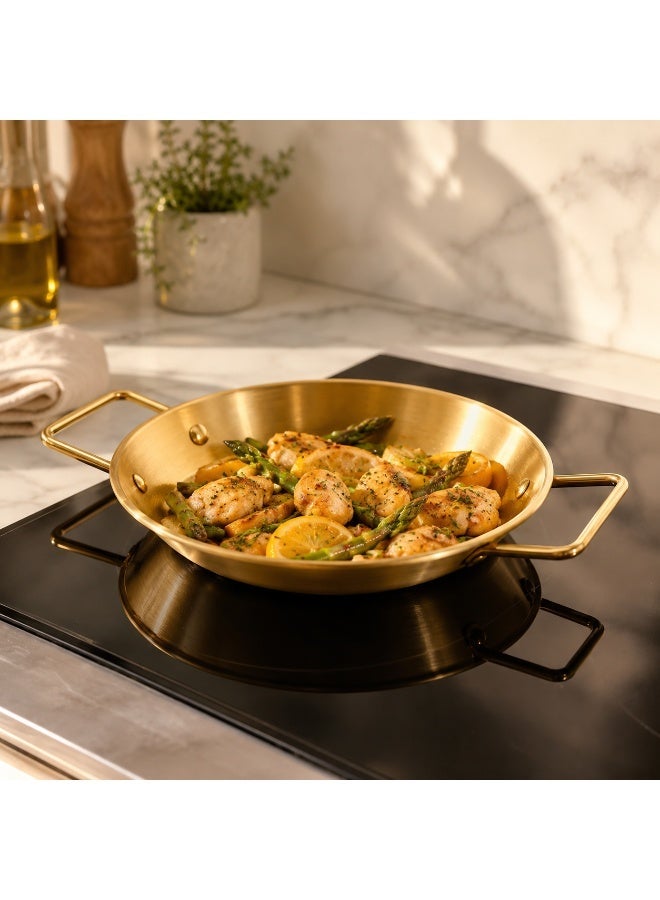 A 22cm stainless steel frying pan, gold color, with comfortable handles. Package contains one pan. - Image 3