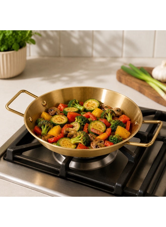 A 22cm stainless steel frying pan, gold color, with comfortable handles. Package contains one pan. - Image 5