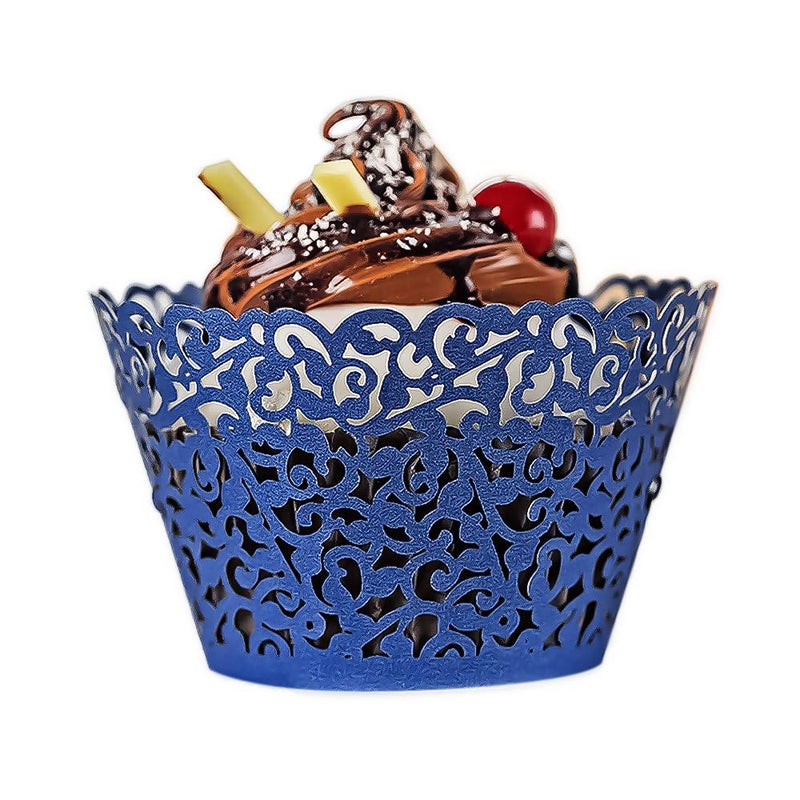 YOZATIA 60PCS Standard Navy Blue Cupcake Wrappers Laser Cut Vine Lace Cupcake Decorative Liners for Party Supplies Navy Blue