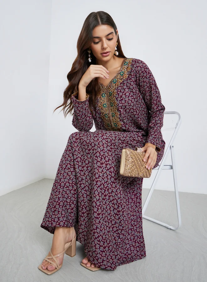 مكسيم كريشن Maxim Creation Multi Thread Embroidery Jalabiya with All Over Print