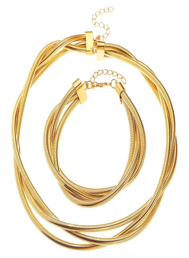 طقم مجوهرات YBMYCM فضي مطلي بالذهب، متعدد الخيوط، من الفولاذ المقاوم للصدأ، يتكون من قلادة وسوار للنساء - Image 1