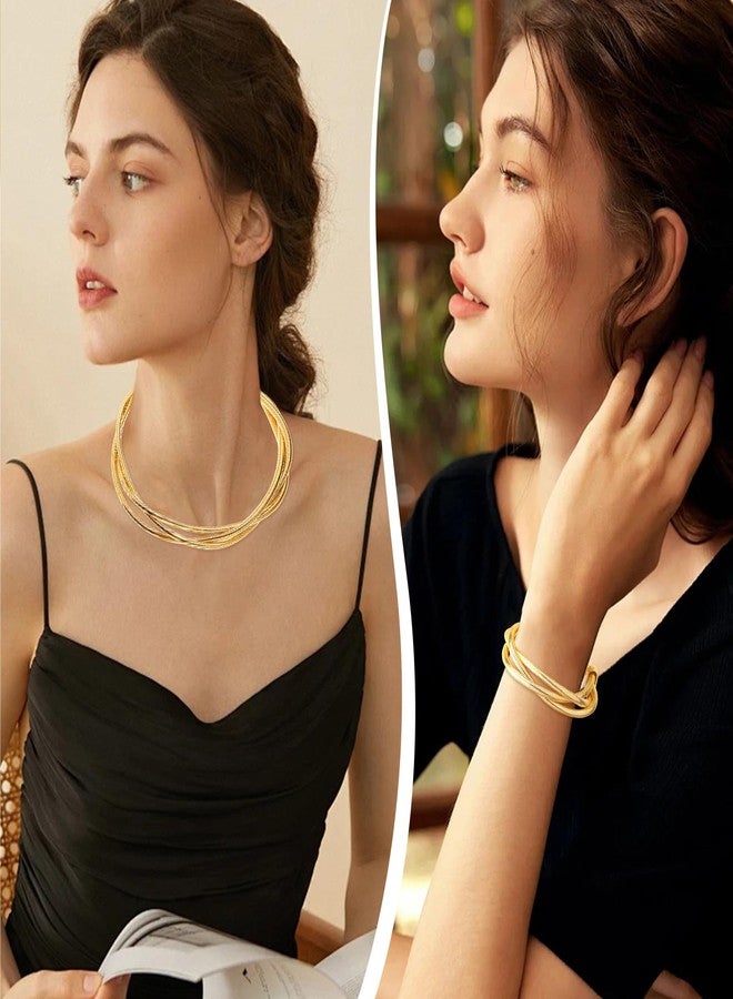 طقم مجوهرات YBMYCM فضي مطلي بالذهب، متعدد الخيوط، من الفولاذ المقاوم للصدأ، يتكون من قلادة وسوار للنساء - Image 4