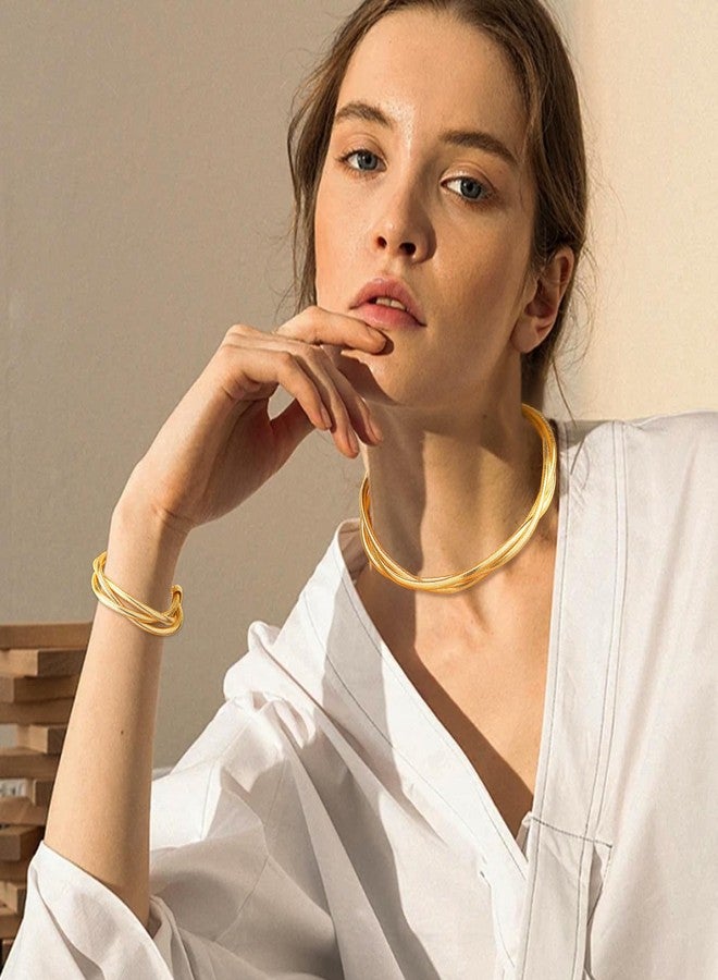 طقم مجوهرات YBMYCM فضي مطلي بالذهب، متعدد الخيوط، من الفولاذ المقاوم للصدأ، يتكون من قلادة وسوار للنساء - Image 3