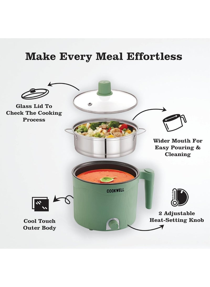 Cookwell Multipurpose Cook Kettle With 1.5L Nonstick Inner Pot, Stainless Steel Mess, Idli Stand, Stainless Steel Steamer, Egg Tray (600W) - Image 4