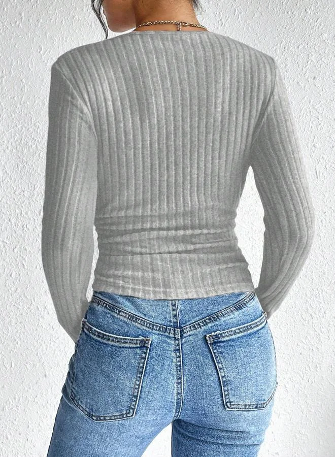 تايك تو Women's Solid Square Neck Long Sleeve Ribbed Top