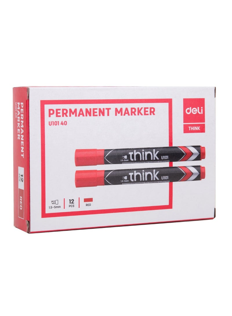 Deli 12-Piece Permanent Marker Chisel Tip Red Ink - Image 1