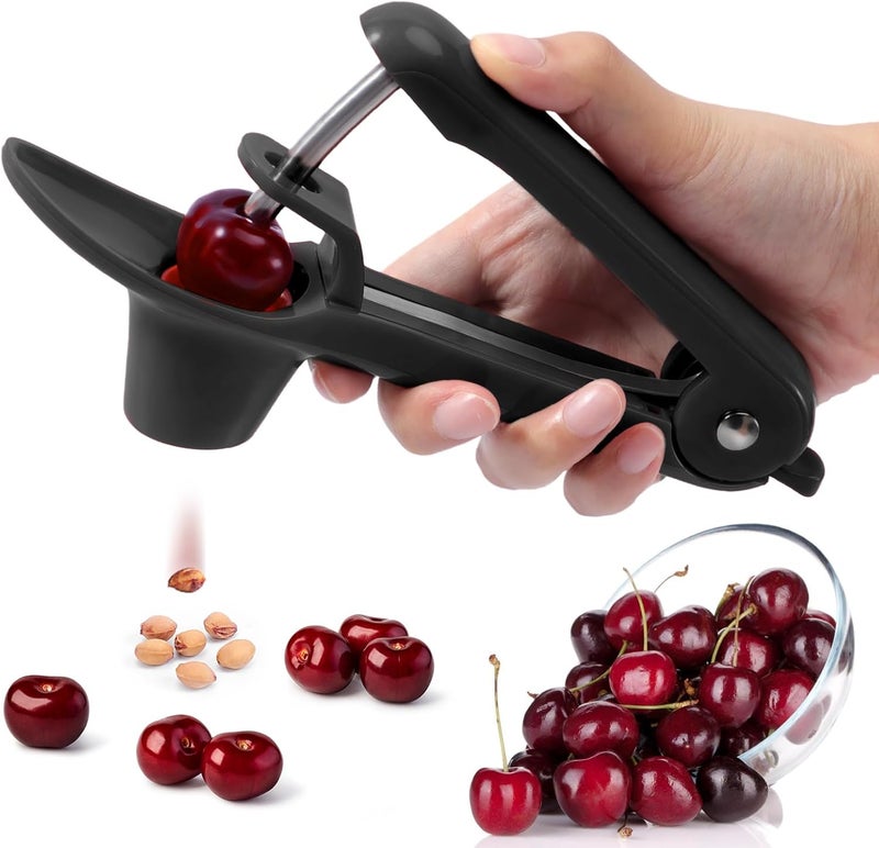 SCHVUBENR Cherry Pitter Tool - Stainless Steel Cherry Corer Pitter with Ergonomic Push Design - Easy to Use for Making Cherry Jam - Pit Cherry with Ease, Saving Time & Space with Lock Design(Black) - Image 1