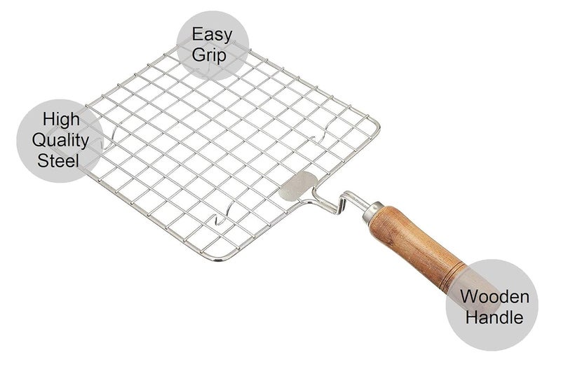 Cloudzy Roaster Barbecue Net Grill Steel Wire Roasting Net Charcoal Hand Warmer Rack BBQ Accessories Fish Burner Papad Jali Paneer Tandoor Net with Wooden Handle (Square) - Image 3