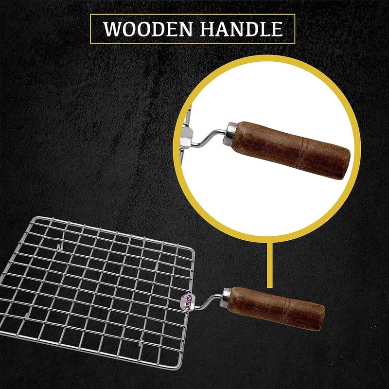 Cloudzy Roaster Barbecue Net Grill Steel Wire Roasting Net Charcoal Hand Warmer Rack BBQ Accessories Fish Burner Papad Jali Paneer Tandoor Net with Wooden Handle (Square) - Image 5