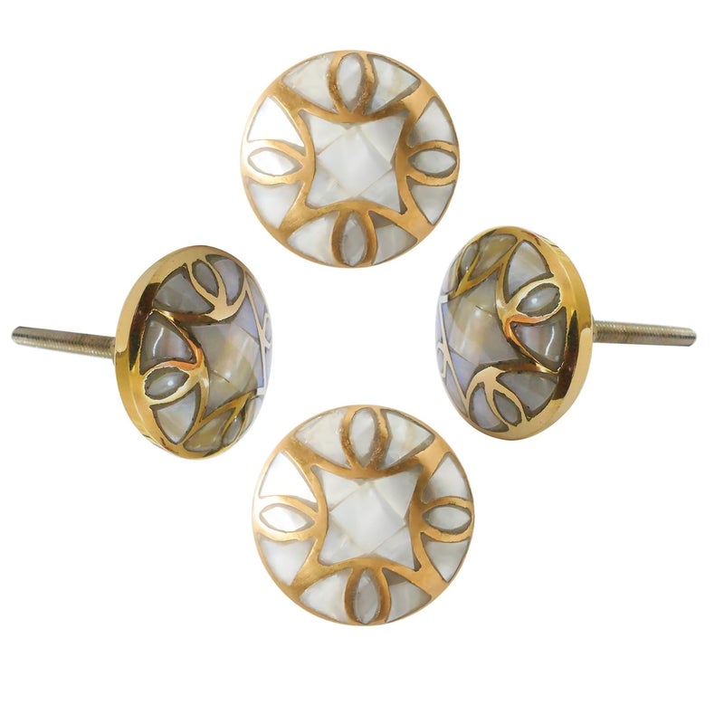 Perilla Home Set of 4 Premium Mother of Pearl Decorative Drawer Knobs - Gold Embroidered Vintage Kitchen Cabinet Handles Hardware Cupboard Door Unique Dresser Pulls Brass Round Knobs (Design-2) - Image 1