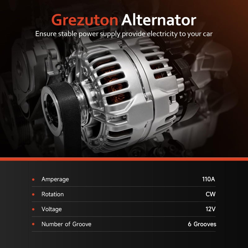 Grezuton 11258N Alternator Fit for 2007-2012 Nissan Altima, 2007 2008 2009 2010 2011 2012 Sentra, 2011-2013 Rogue, 2014 2015 Rogue Select L4, Alternator 12V 110Amp 6-Groove, TG12C032 23100-JA02A - Image 3