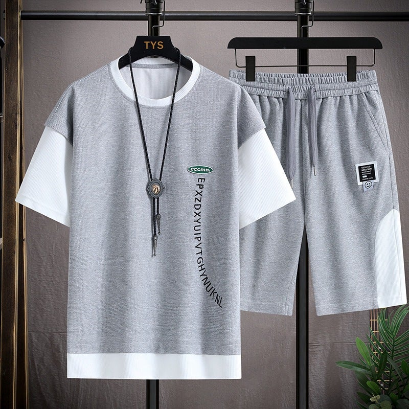 Men's Waffle Knit Tracksuit Set - Short Sleeve Top & Shorts - Image 2
