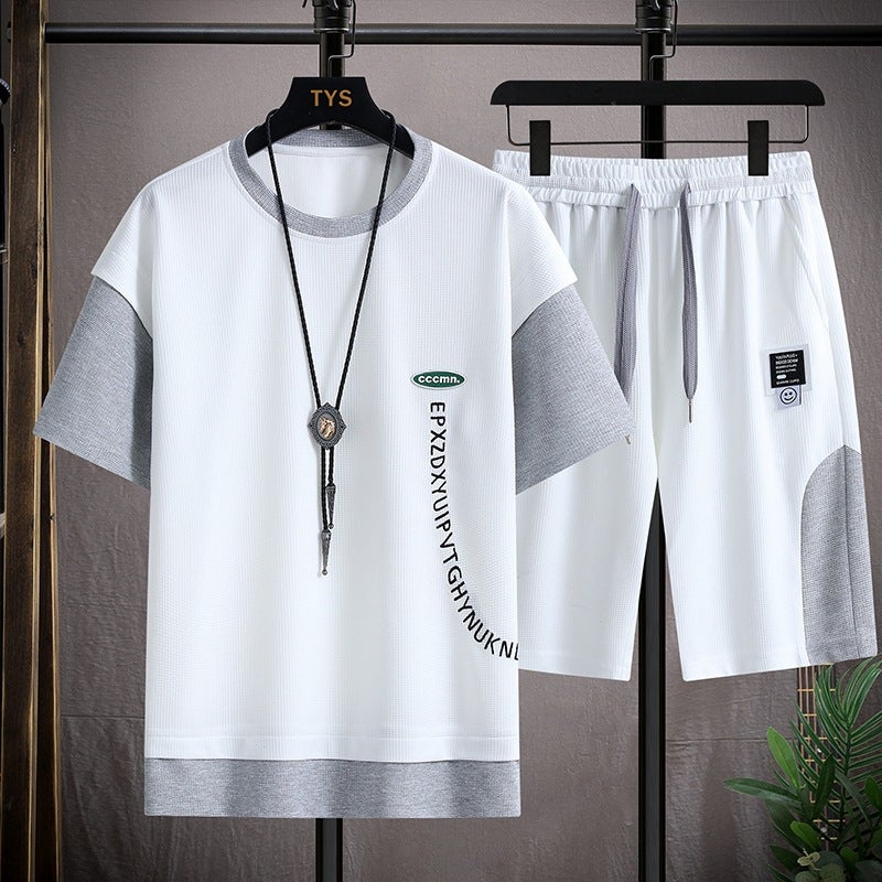 Men's Waffle Knit Tracksuit Set - Short Sleeve Top & Shorts - Image 1