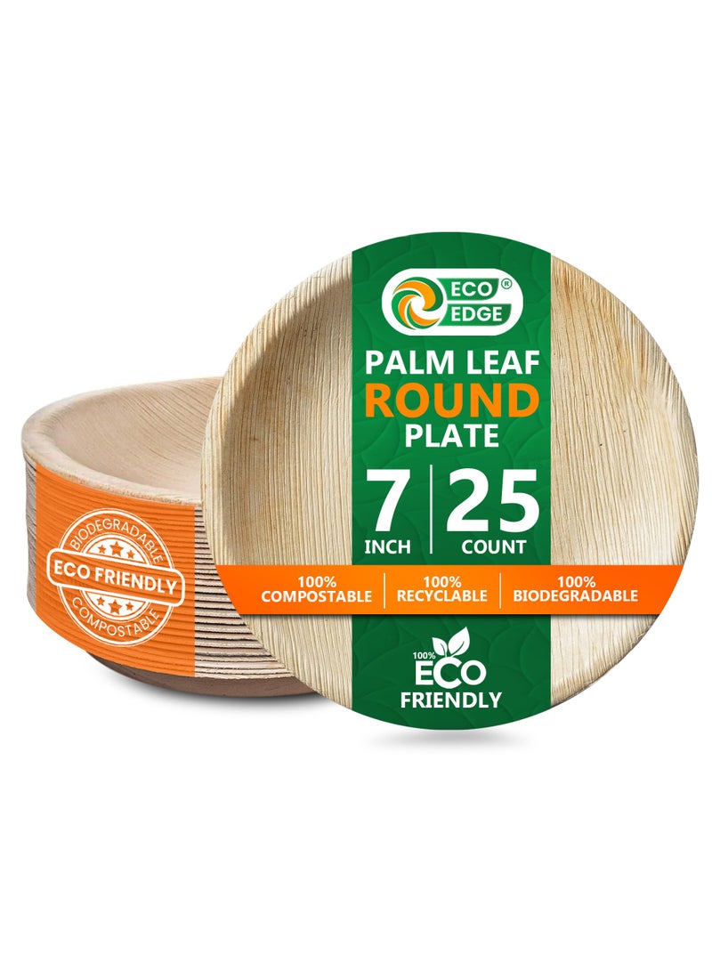 EcoEdge 7 Inch Round Areca Palm Leaf Disposable Plates (Pack of 25) | Biodegradable, Naturally Sourced, Sustainable, Compostable| Sturdy, Luxury, Versatile | Heat Resistant, BPA Free | 100% Eco Friendly - Image 1