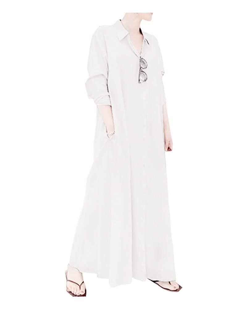 Ladyful Women's Button Down Cotton Linen Shirt Dress Long Sleeve Maxi Shirtdress Beach Summer Dress Pockets White - Image 1