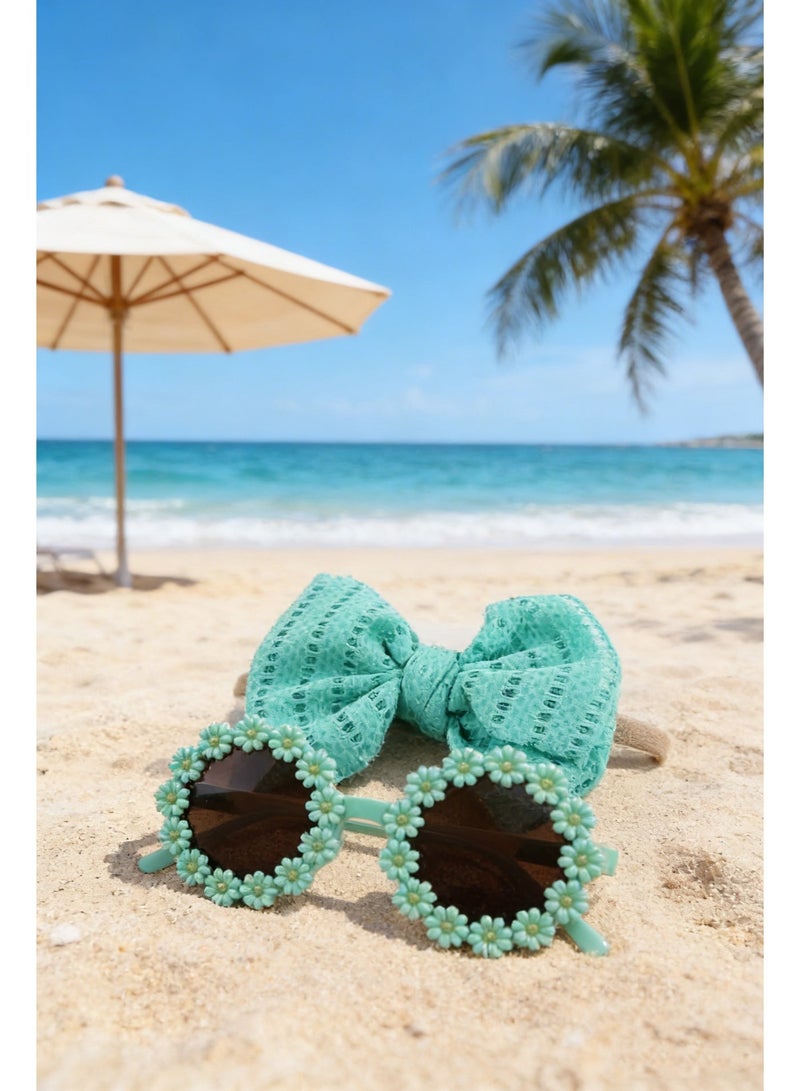 DOOKOO Baby Summer Accessory Set (Green) – Soft Nylon Bow Headband & UV400 Protection Sunglasses for Infant Toddler, Perfect for Beach, Park, Outdoor Play & Photo Props - Image 1