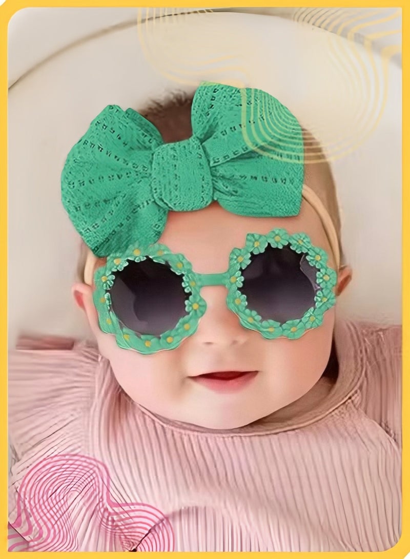 DOOKOO Baby Summer Accessory Set (Green) – Soft Nylon Bow Headband & UV400 Protection Sunglasses for Infant Toddler, Perfect for Beach, Park, Outdoor Play & Photo Props - Image 3