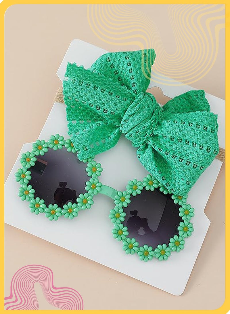 DOOKOO Baby Summer Accessory Set (Green) – Soft Nylon Bow Headband & UV400 Protection Sunglasses for Infant Toddler, Perfect for Beach, Park, Outdoor Play & Photo Props - Image 2