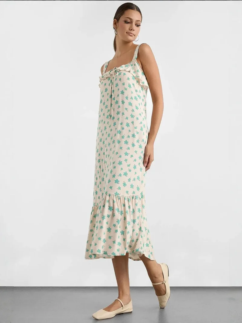 HICCUP cream with light blue floral print Printed Ruffle Midi Dress for Women | Best Price UAE