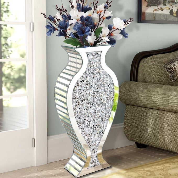 TALL FLOOR VASE S CRUSHED DIAMOND MIRRORED VASE 27 TALL CRYSTAL SILVER GLASS DECORATIVE MIRROR LARGE VASE LUXURY FOR HOME DECOR FLOWER ARRANGEMENT CANT HOLD WATER